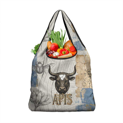 Apis Ancient Egyptian Grocery Bag with Beige-Gray Hieroglyphic, Ornate Bull Head, and Gold-Blue Typography - African Pride