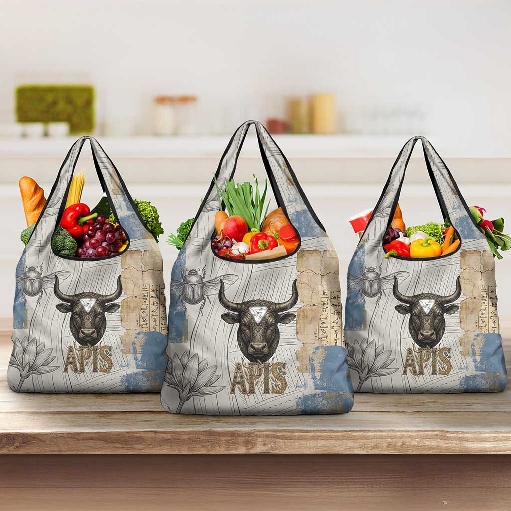 Apis Ancient Egyptian Grocery Bag with Beige-Gray Hieroglyphic, Ornate Bull Head, and Gold-Blue Typography - African Pride