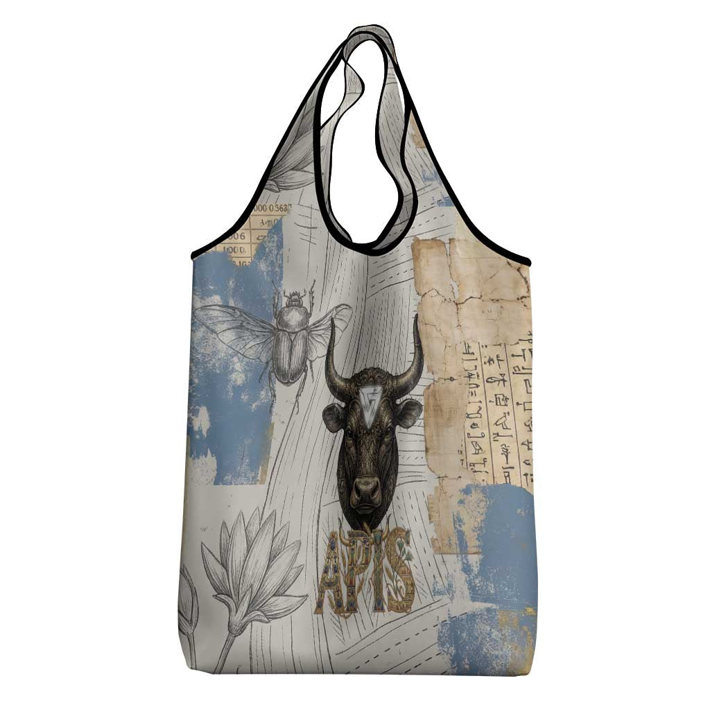 Apis Ancient Egyptian Grocery Bag with Beige-Gray Hieroglyphic, Ornate Bull Head, and Gold-Blue Typography - African Pride