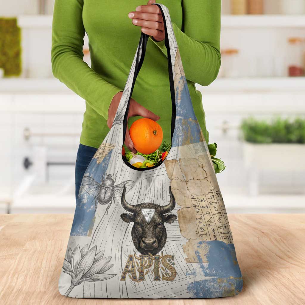 Apis Ancient Egyptian Grocery Bag with Beige-Gray Hieroglyphic, Ornate Bull Head, and Gold-Blue Typography - African Pride