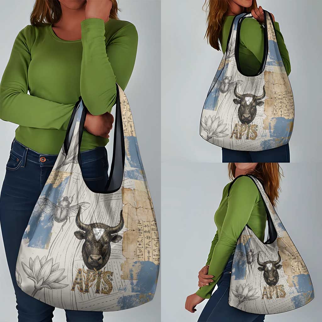 Apis Ancient Egyptian Grocery Bag with Beige-Gray Hieroglyphic, Ornate Bull Head, and Gold-Blue Typography - African Pride
