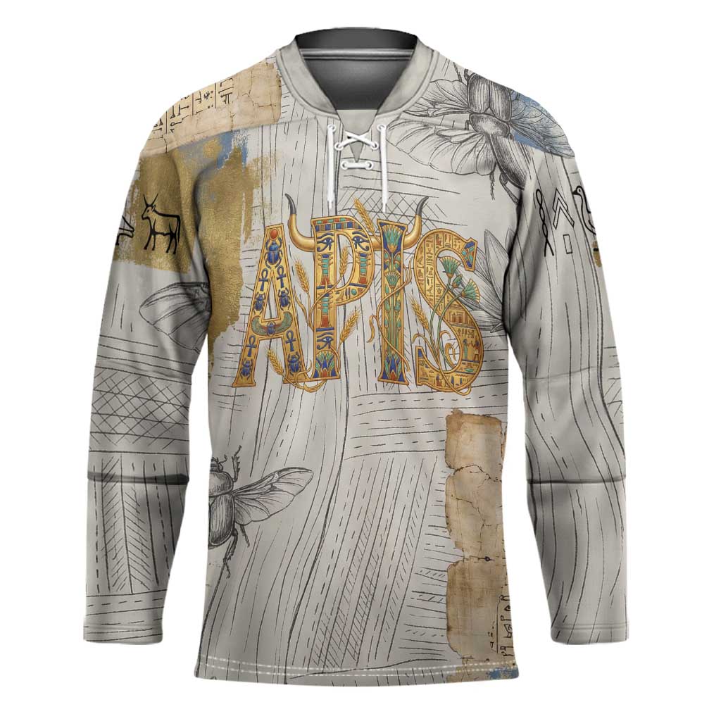 Apis Ancient Egyptian Hockey Jersey with Beige-Gray Hieroglyphic, Ornate Bull Head, and Gold-Blue Typography - African Pride