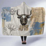 Apis Ancient Egyptian Hooded Blanket with Beige-Gray Hieroglyphic, Ornate Bull Head, and Gold-Blue Typography - African Pride