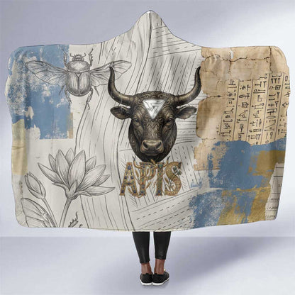 Apis Ancient Egyptian Hooded Blanket with Beige-Gray Hieroglyphic, Ornate Bull Head, and Gold-Blue Typography - African Pride
