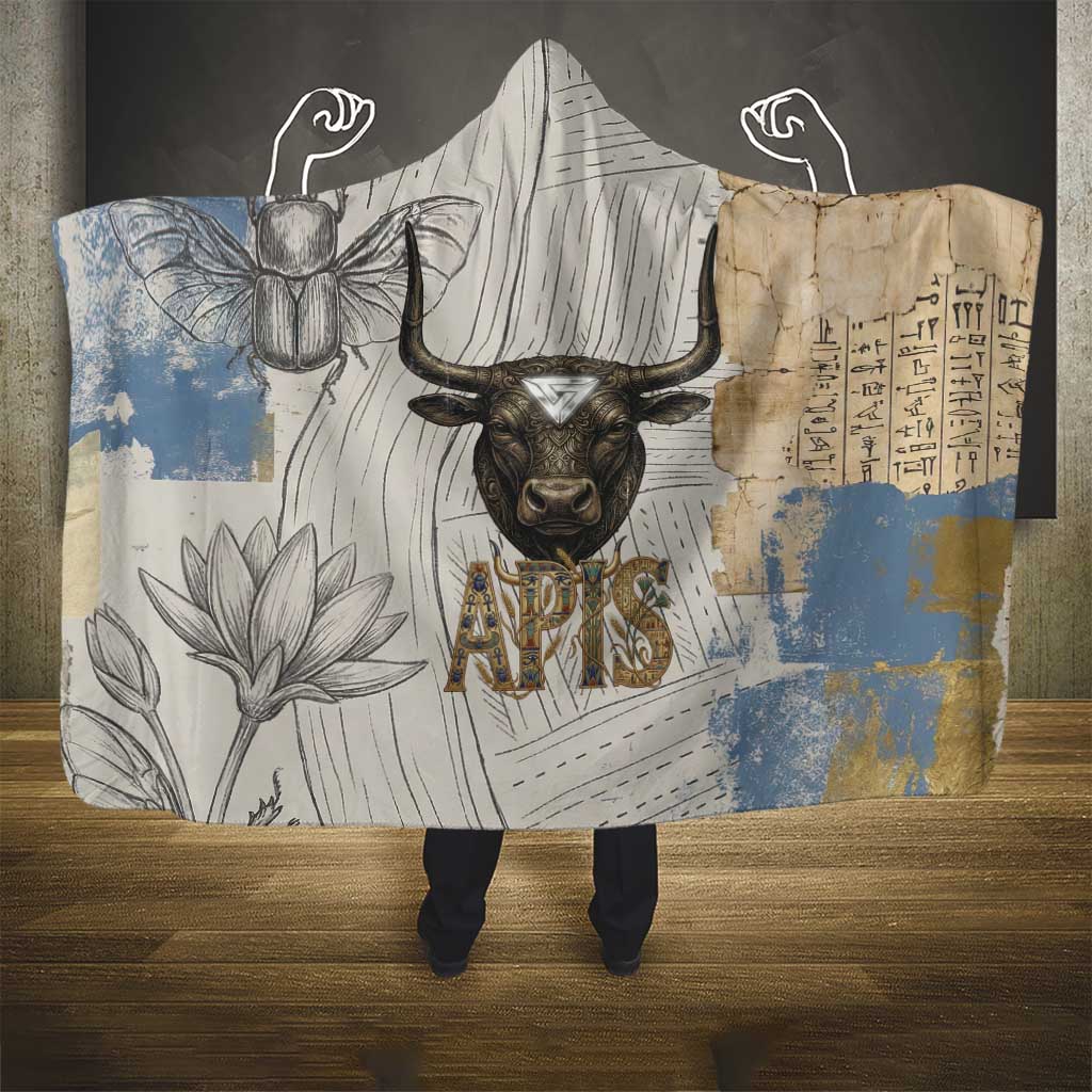 Apis Ancient Egyptian Hooded Blanket with Beige-Gray Hieroglyphic, Ornate Bull Head, and Gold-Blue Typography - African Pride