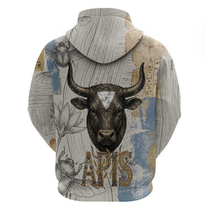 Apis Ancient Egyptian Hoodie with Beige-Gray Hieroglyphic, Ornate Bull Head, and Gold-Blue Typography - African Pride