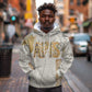 Apis Ancient Egyptian Hoodie with Beige-Gray Hieroglyphic, Ornate Bull Head, and Gold-Blue Typography - African Pride