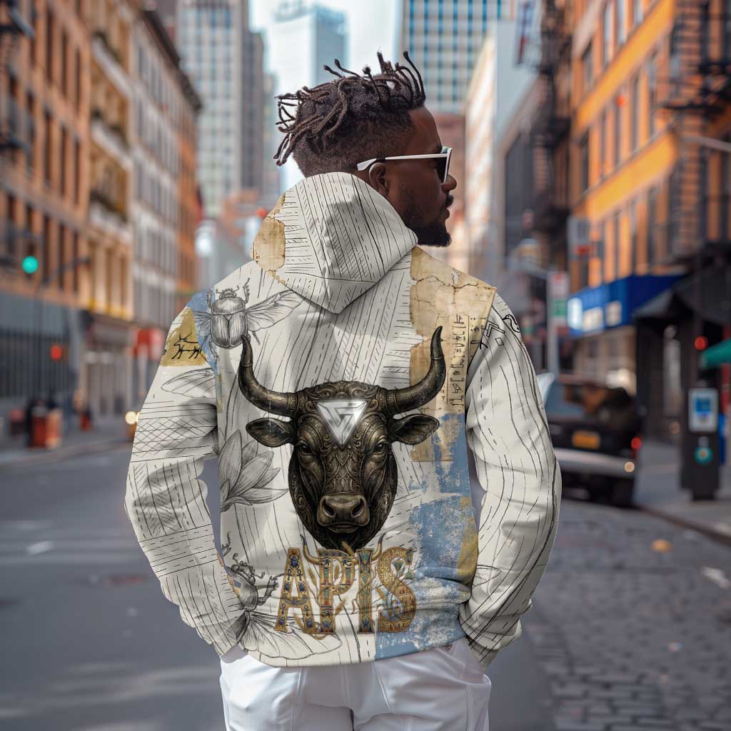 Apis Ancient Egyptian Hoodie with Beige-Gray Hieroglyphic, Ornate Bull Head, and Gold-Blue Typography - African Pride