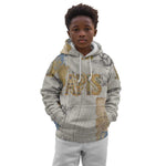 Apis Ancient Egyptian Kid Hoodie with Beige-Gray Hieroglyphic, Ornate Bull Head, and Gold-Blue Typography - African Pride