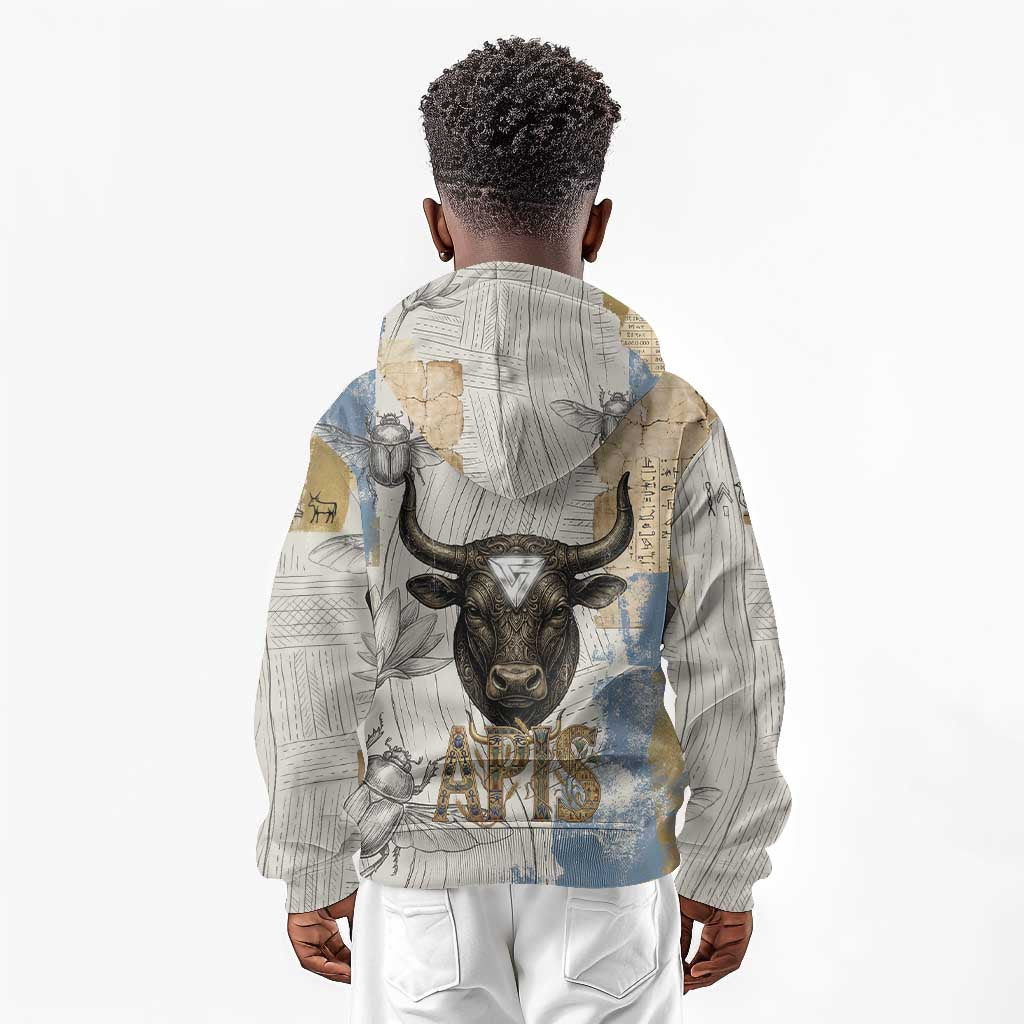 Apis Ancient Egyptian Kid Hoodie with Beige-Gray Hieroglyphic, Ornate Bull Head, and Gold-Blue Typography - African Pride