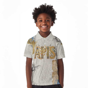 Apis Ancient Egyptian Kid Polo Shirt with Beige-Gray Hieroglyphic, Ornate Bull Head, and Gold-Blue Typography - African Pride