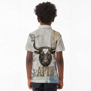 Apis Ancient Egyptian Kid Polo Shirt with Beige-Gray Hieroglyphic, Ornate Bull Head, and Gold-Blue Typography - African Pride