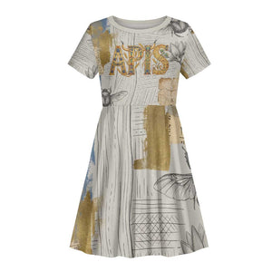 Apis Ancient Egyptian Kid Short Sleeve Dress with Beige-Gray Hieroglyphic, Ornate Bull Head, and Gold-Blue Typography - African Pride