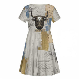 Apis Ancient Egyptian Kid Short Sleeve Dress with Beige-Gray Hieroglyphic, Ornate Bull Head, and Gold-Blue Typography - African Pride