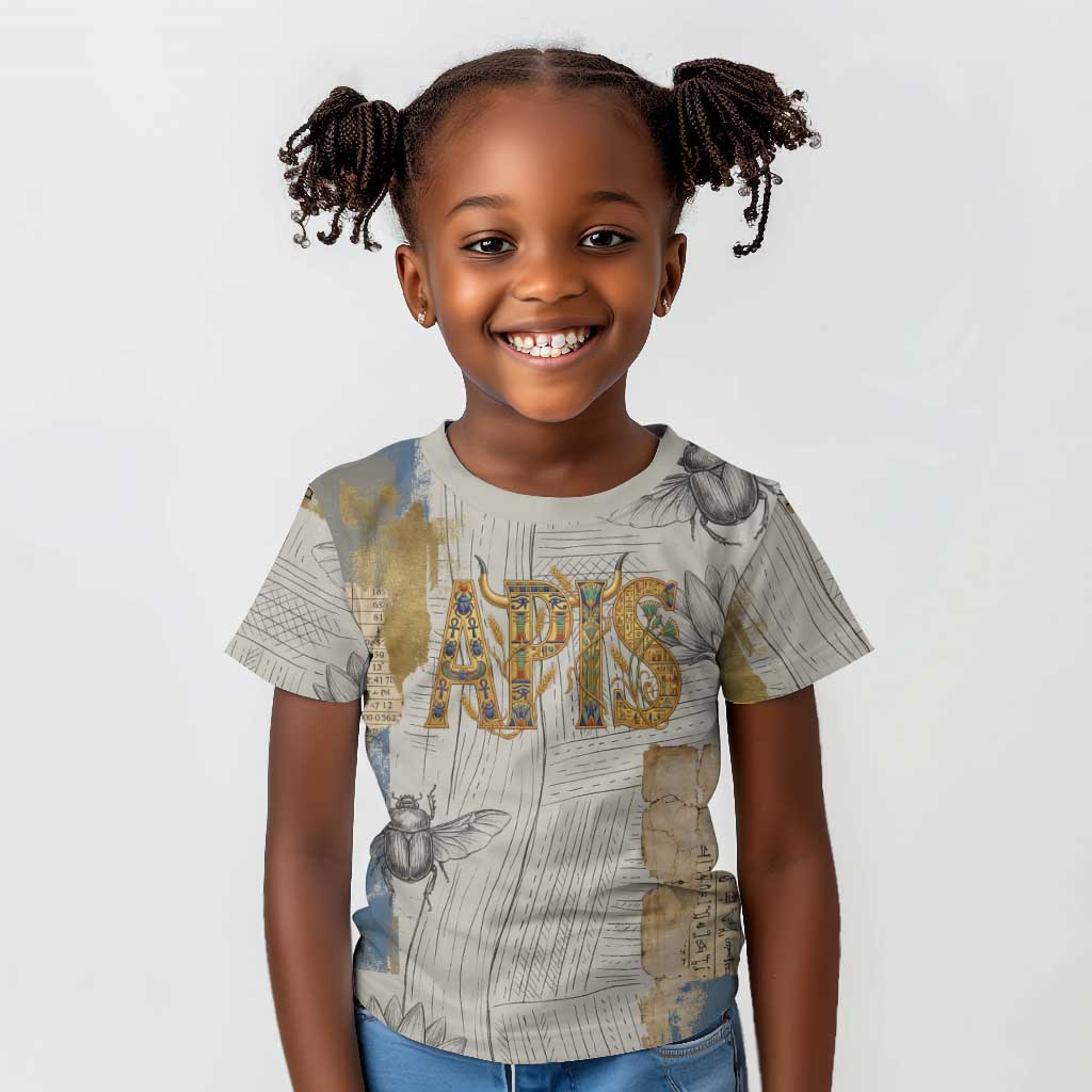 Apis Ancient Egyptian Kid T shirt with Beige-Gray Hieroglyphic, Ornate Bull Head, and Gold-Blue Typography - African Pride