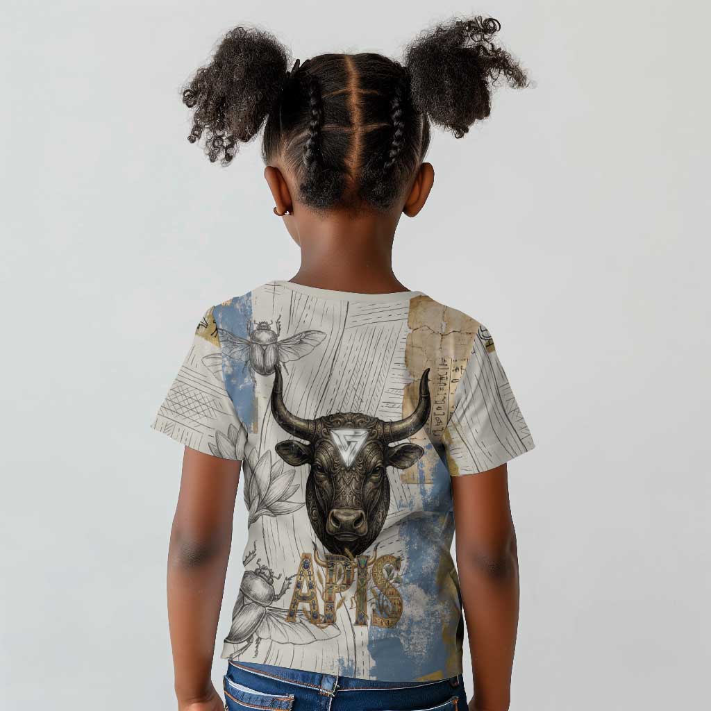 Apis Ancient Egyptian Kid T shirt with Beige-Gray Hieroglyphic, Ornate Bull Head, and Gold-Blue Typography - African Pride