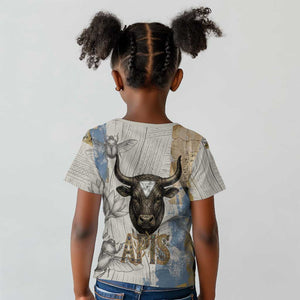 Apis Ancient Egyptian Kid T shirt with Beige-Gray Hieroglyphic, Ornate Bull Head, and Gold-Blue Typography - African Pride