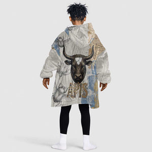 Apis Ancient Egyptian Kid Wearable Blanket Hoodie with Beige-Gray Hieroglyphic, Ornate Bull Head, and Gold-Blue Typography - African Pride