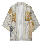 Apis Ancient Egyptian Kimono with Beige-Gray Hieroglyphic, Ornate Bull Head, and Gold-Blue Typography - African Pride
