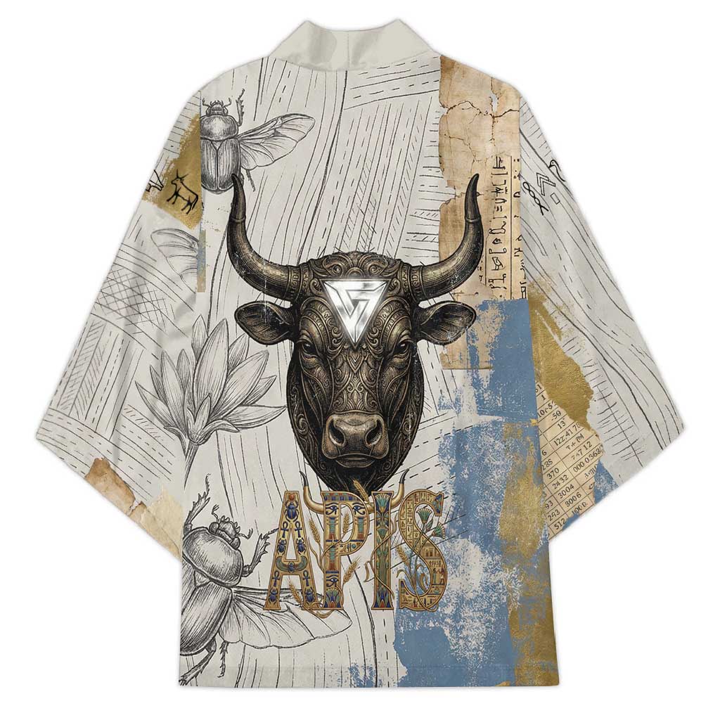 Apis Ancient Egyptian Kimono with Beige-Gray Hieroglyphic, Ornate Bull Head, and Gold-Blue Typography - African Pride