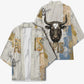 Apis Ancient Egyptian Kimono with Beige-Gray Hieroglyphic, Ornate Bull Head, and Gold-Blue Typography - African Pride
