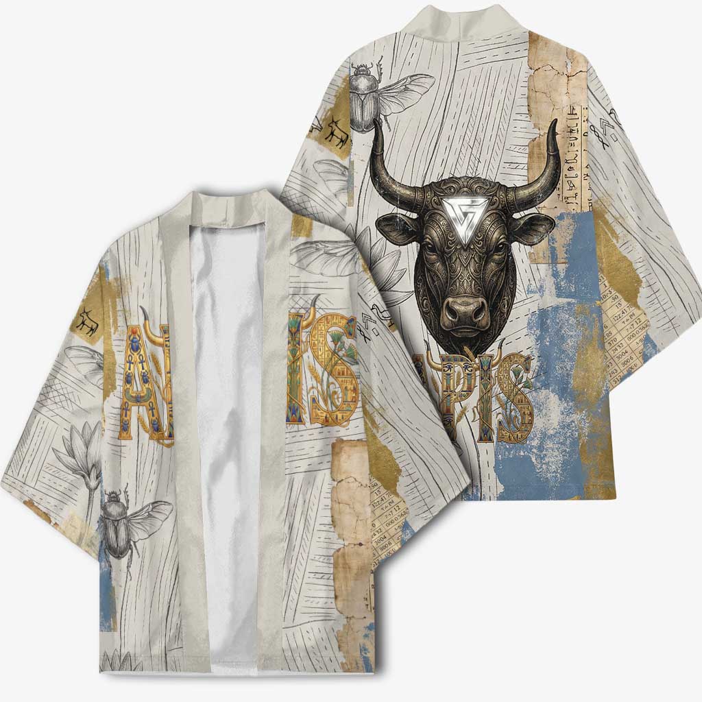 Apis Ancient Egyptian Kimono with Beige-Gray Hieroglyphic, Ornate Bull Head, and Gold-Blue Typography - African Pride