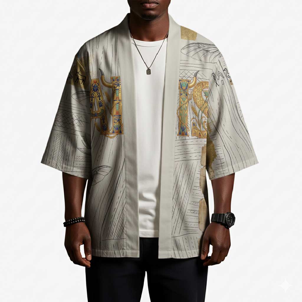 Apis Ancient Egyptian Kimono with Beige-Gray Hieroglyphic, Ornate Bull Head, and Gold-Blue Typography - African Pride