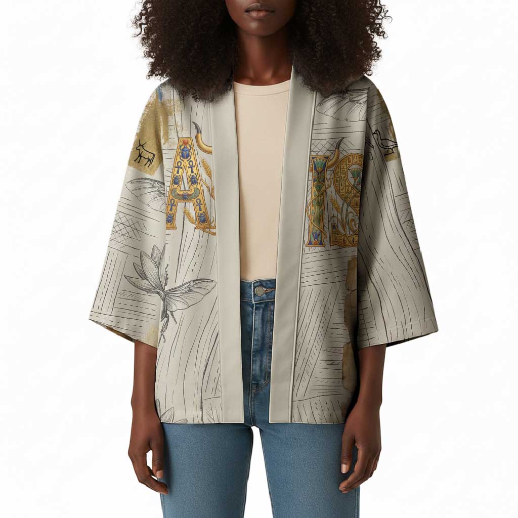 Apis Ancient Egyptian Kimono with Beige-Gray Hieroglyphic, Ornate Bull Head, and Gold-Blue Typography - African Pride