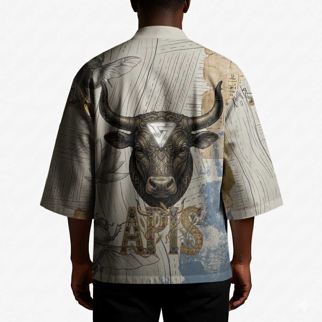 Apis Ancient Egyptian Kimono with Beige-Gray Hieroglyphic, Ornate Bull Head, and Gold-Blue Typography - African Pride