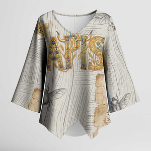 Apis Ancient Egyptian Kimono Sleeve Blouse with Beige-Gray Hieroglyphic, Ornate Bull Head, and Gold-Blue Typography - African Pride