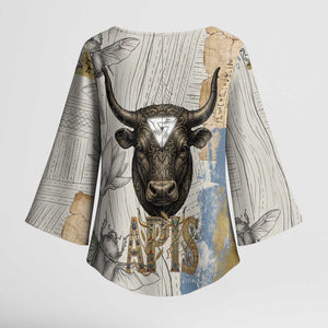 Apis Ancient Egyptian Kimono Sleeve Blouse with Beige-Gray Hieroglyphic, Ornate Bull Head, and Gold-Blue Typography - African Pride
