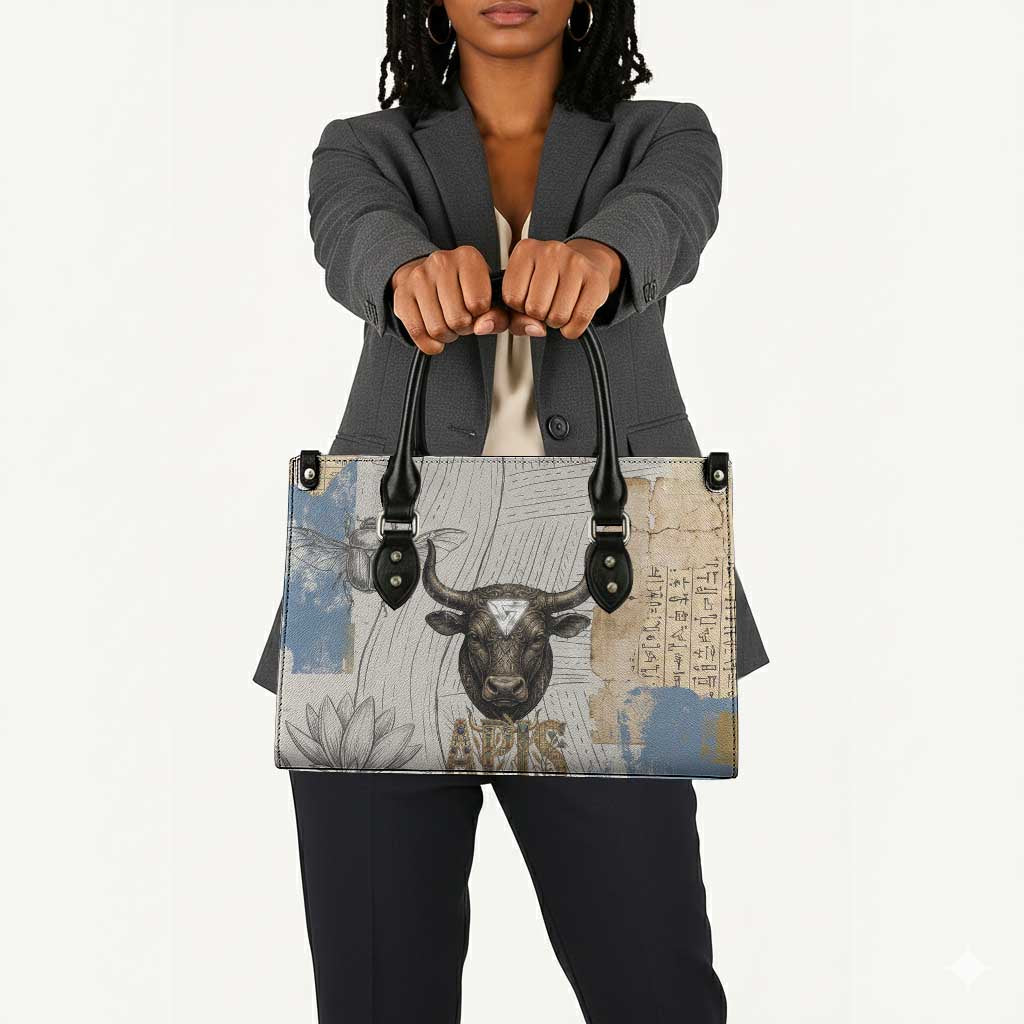 Apis Ancient Egyptian Leather Bag with Beige-Gray Hieroglyphic, Ornate Bull Head, and Gold-Blue Typography - African Pride