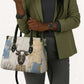 Apis Ancient Egyptian Leather Bag with Beige-Gray Hieroglyphic, Ornate Bull Head, and Gold-Blue Typography - African Pride