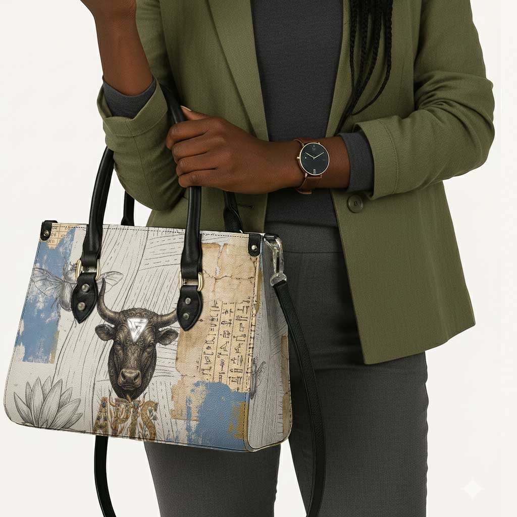 Apis Ancient Egyptian Leather Bag with Beige-Gray Hieroglyphic, Ornate Bull Head, and Gold-Blue Typography - African Pride