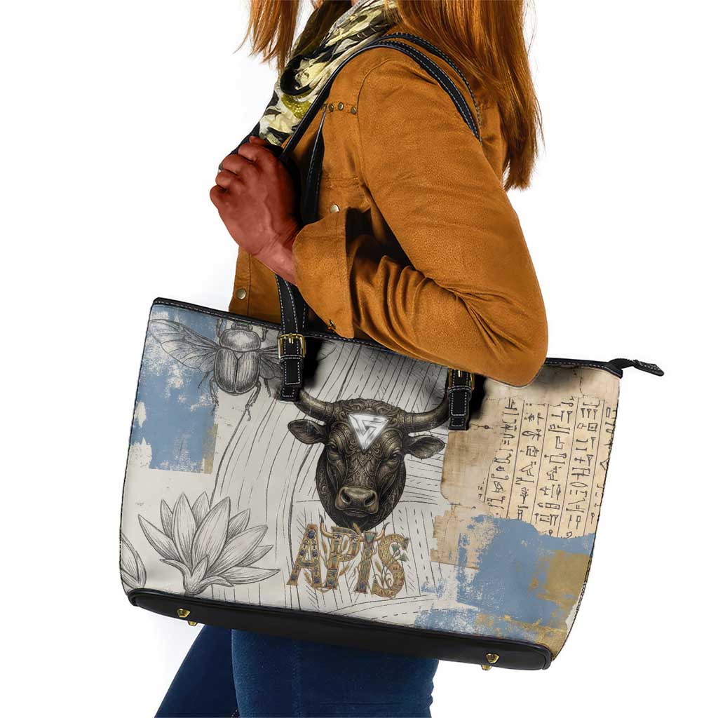 Apis Ancient Egyptian Leather Tote Bag with Beige-Gray Hieroglyphic, Ornate Bull Head, and Gold-Blue Typography - African Pride