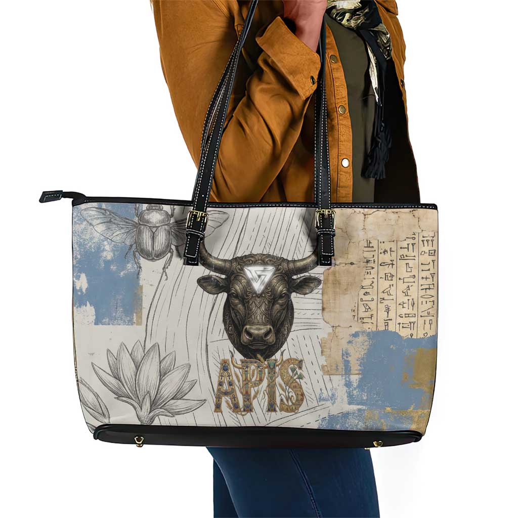 Apis Ancient Egyptian Leather Tote Bag with Beige-Gray Hieroglyphic, Ornate Bull Head, and Gold-Blue Typography - African Pride