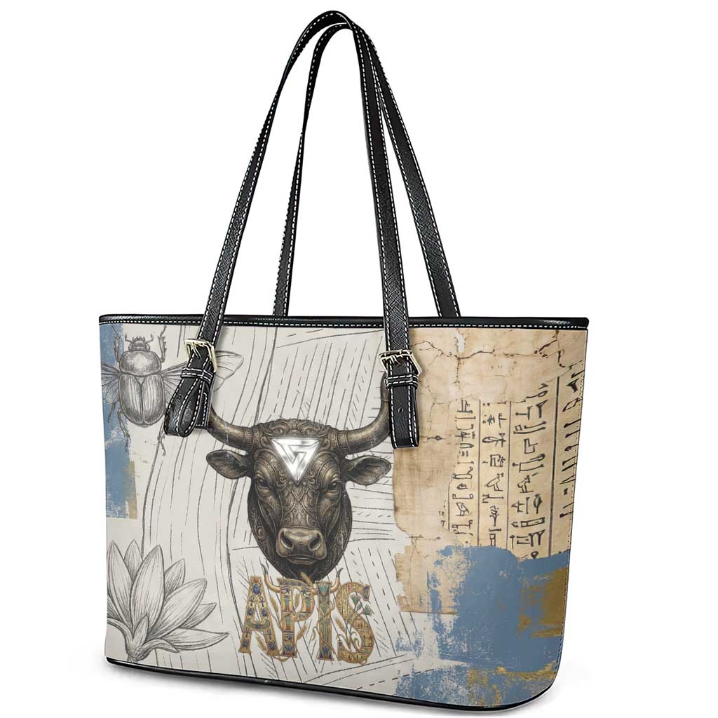 Apis Ancient Egyptian Leather Tote Bag with Beige-Gray Hieroglyphic, Ornate Bull Head, and Gold-Blue Typography - African Pride