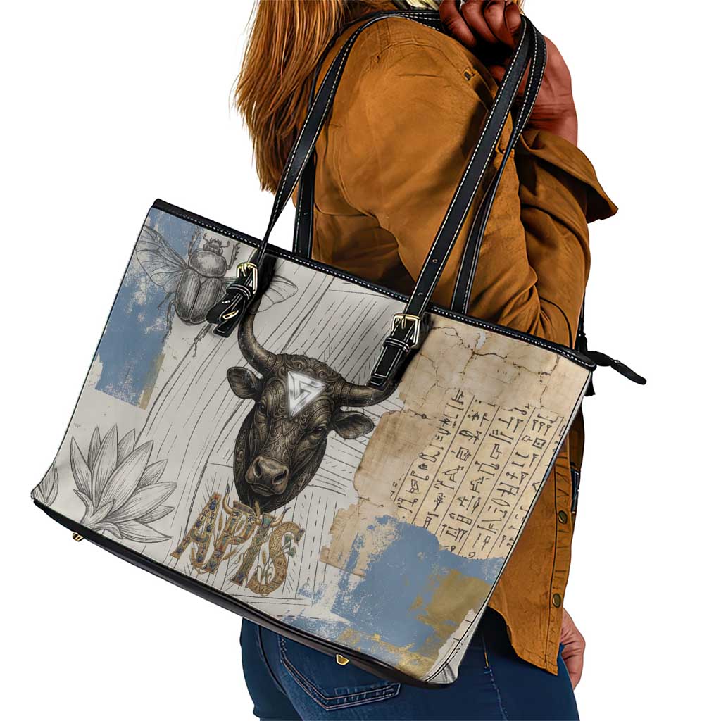 Apis Ancient Egyptian Leather Tote Bag with Beige-Gray Hieroglyphic, Ornate Bull Head, and Gold-Blue Typography - African Pride