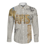 Apis Ancient Egyptian Long Sleeve Button Shirt with Beige-Gray Hieroglyphic, Ornate Bull Head, and Gold-Blue Typography - African Pride
