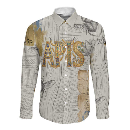 Apis Ancient Egyptian Long Sleeve Button Shirt with Beige-Gray Hieroglyphic, Ornate Bull Head, and Gold-Blue Typography - African Pride