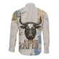 Apis Ancient Egyptian Long Sleeve Button Shirt with Beige-Gray Hieroglyphic, Ornate Bull Head, and Gold-Blue Typography - African Pride