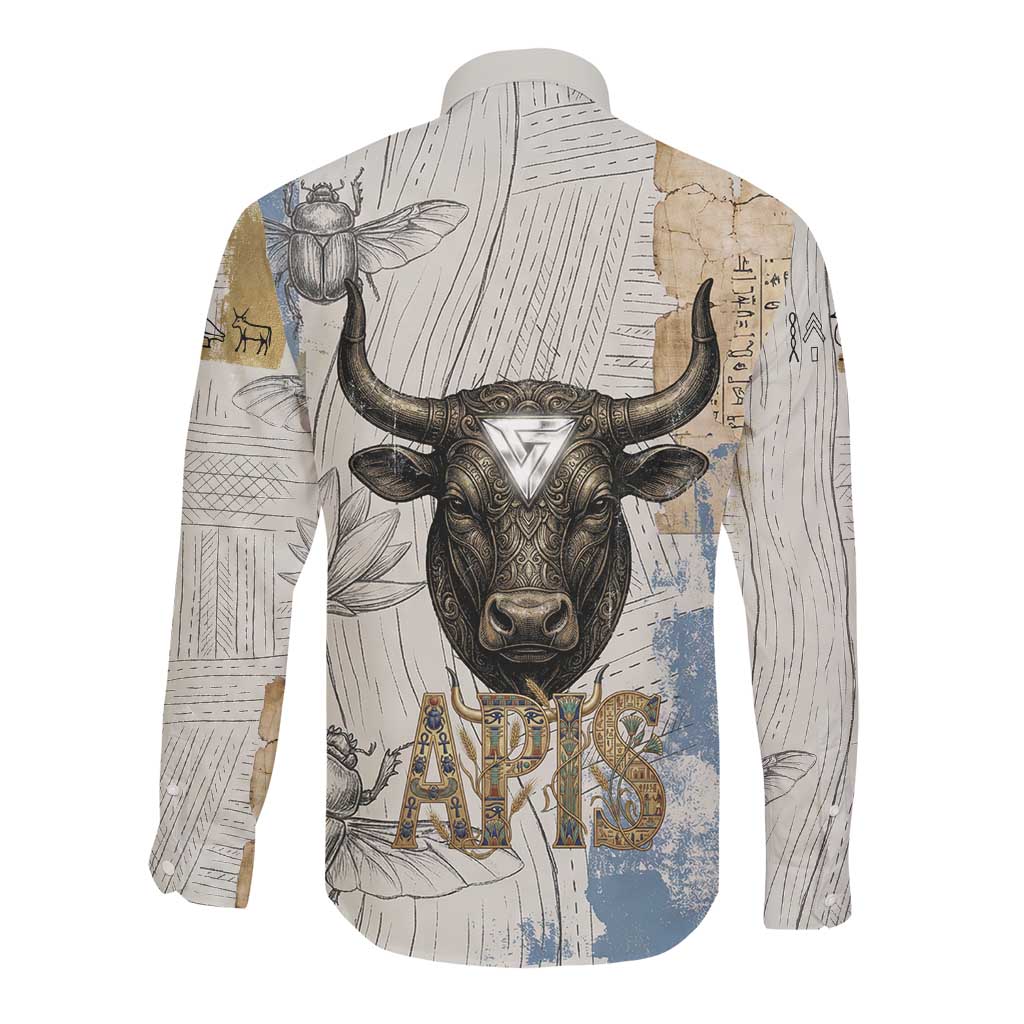 Apis Ancient Egyptian Long Sleeve Button Shirt with Beige-Gray Hieroglyphic, Ornate Bull Head, and Gold-Blue Typography - African Pride