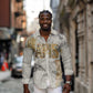 Apis Ancient Egyptian Long Sleeve Button Shirt with Beige-Gray Hieroglyphic, Ornate Bull Head, and Gold-Blue Typography - African Pride