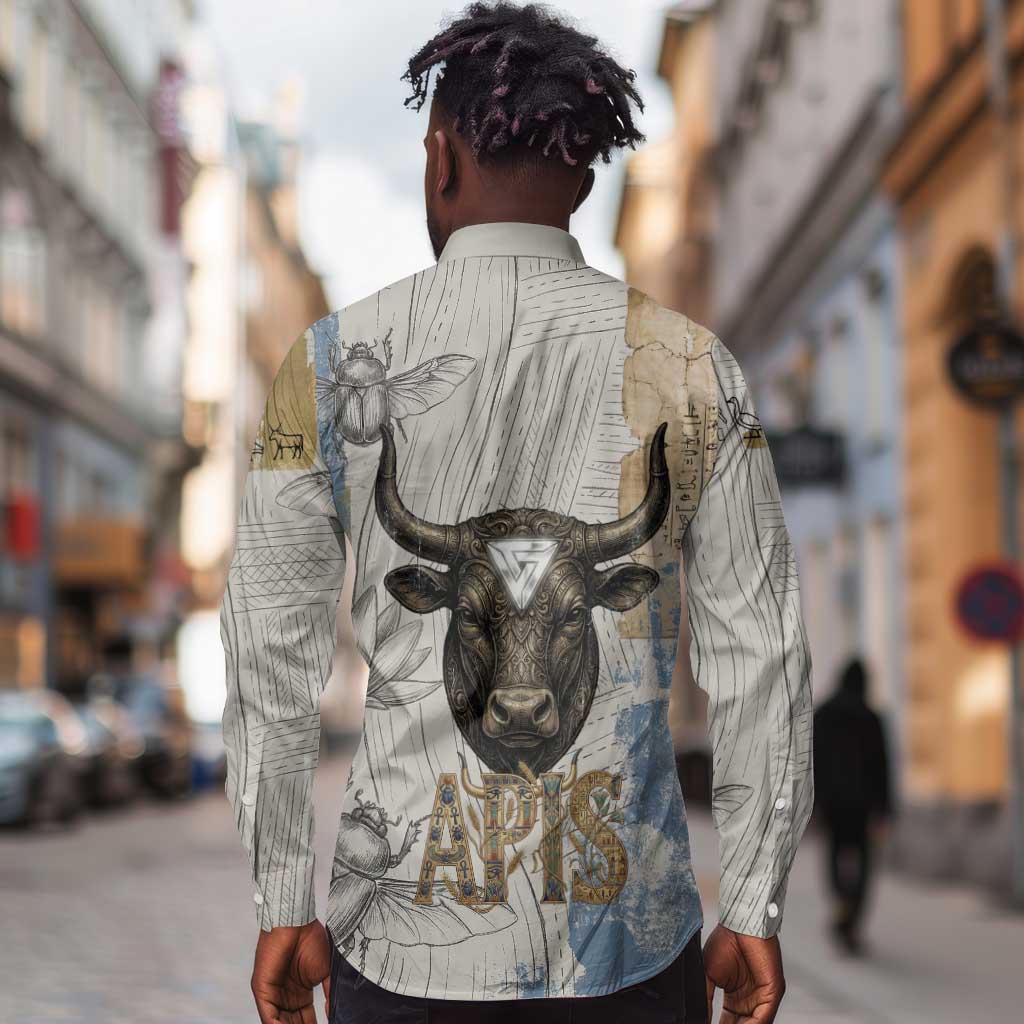 Apis Ancient Egyptian Long Sleeve Button Shirt with Beige-Gray Hieroglyphic, Ornate Bull Head, and Gold-Blue Typography - African Pride