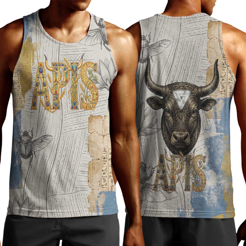 Apis Ancient Egyptian Men Tank Top with Beige-Gray Hieroglyphic, Ornate Bull Head, and Gold-Blue Typography - African Pride