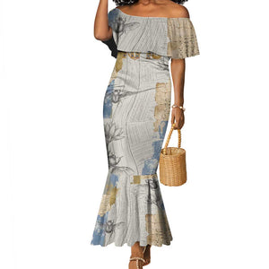 Apis Ancient Egyptian Mermaid Dress with Beige-Gray Hieroglyphic, Ornate Bull Head, and Gold-Blue Typography - African Pride