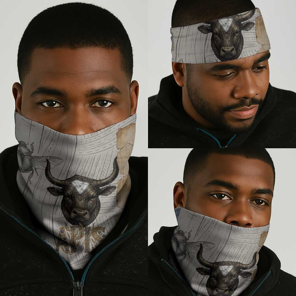 Apis Ancient Egyptian Neck Gaiter with Beige-Gray Hieroglyphic, Ornate Bull Head, and Gold-Blue Typography - African Pride