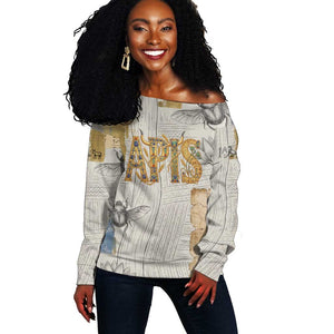 Apis Ancient Egyptian Off Shoulder Sweater with Beige-Gray Hieroglyphic, Ornate Bull Head, and Gold-Blue Typography - African Pride