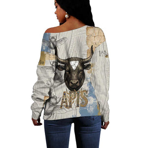 Apis Ancient Egyptian Off Shoulder Sweater with Beige-Gray Hieroglyphic, Ornate Bull Head, and Gold-Blue Typography - African Pride