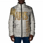 Apis Ancient Egyptian Padded Jacket with Beige-Gray Hieroglyphic, Ornate Bull Head, and Gold-Blue Typography - African Pride